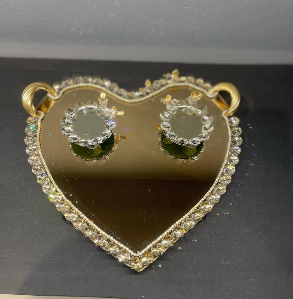 Dekoratif Kristal Cam Ayna Kalp Sunum Tepsisi Gold