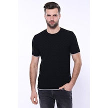 Yake Store Kendinden Desenli Örme Siyah Erkek Bisiklet Yaka T-shirt - Wessi - Siyah