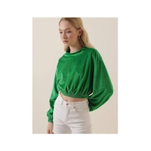 Ckm Moda Amy Kadife Crop Bluz Yeşil