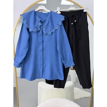 Lovie Moda Yakası Dantel Detaylı Pantolonlu Takım Mavi-siyah