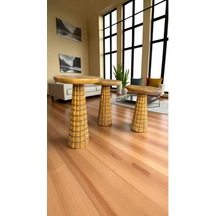 Simillo 3 Lü Ahşap Mantar Sehpa Seti Koyu Ceviz Renkli Masif Doğal Zigon Ve Yan Sehpa - Wooden Side Table Koyu Ceviz