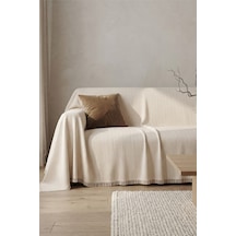 İskandinav Dokulu Pamuklu Saçaklı Koltuk Örtüsü Ve Koltuk Şalı Kaymaz Terletmez 180x300 Cm Ekru