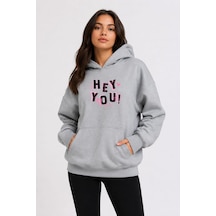 Herkesemoda Hey You Baskılı Kapüşonlu 2 İplik Şardonlu Sweatshirt Gri