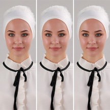 Melodi Scarf Kadın Tesettür 3'lü Fırfırlı Dikişli Bone Ekru Ekru