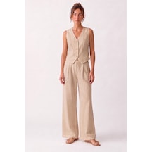 Goffra Kadın Terra %100 Keten Pantolon Yazlık Nefes Alabilen Latte W351-k0402-02