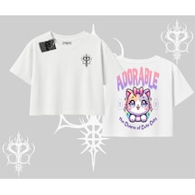 Tarzsokak Adorable Kawaii Kedi Arka Baskılı Oversize Crop Tshirt Beyaz