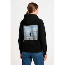 Oversize Hoodie - Sırt Baskılı Survivor Penguin Temalı, Felsefi Yazılı Kapüşonlu Sweatshirt - Siyah SiYAH
