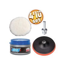 Pasta Cila Polisaj Parlatma Yünü Pedi Keçesi Süngeri+115 Mm Cırt Taban+matkap Aparatı+oto Pasta Cila 300 Gr 4'lü Set