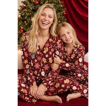 Siyah İnci Yılbaşı Temalı Desenli Termal Kumaşlı Ultra Soft Yumuşak Düğmeli Örme Pijama Takımı 26226822 Bordo