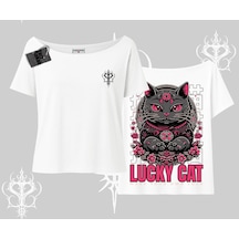 Tarzsokak Lucky Cat Japon Tarzı Kedi Baskılı Kayık Yaka Tshirt Beyaz