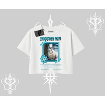 Tarzsokak Missing Cat Baskılı Oversize Crop Tshirt Beyaz