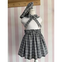 Eylülce Butik Kız Çocuk Gri Ekose Etek & Ressam Şapkası & Vintage Yaka Takım %100 Pamuk Üst Kalite Kumaş