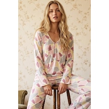 Siyah İnci Desenli V Yaka Viskon Örme Pijama Takım 26224671 Çok Renkli