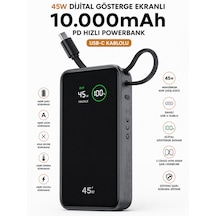 10000mah Powerbank Pd 45w Hızlı Şarj Dijital Ekranlı Dahili Type-c Kablolu Taşınabilir Şarj Cihazı Siyah