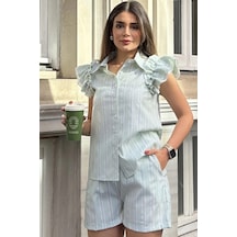 WeShaya Kadın Yeşil Kısa Kol, Omuzları Flare Fırfır Tasarımlı, Terletmez, Çizgi Desenli Fisto Gömlek Yeşil