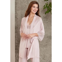Pierre Cardin 2820 Kadın Pudra Dantelli Penye 3'lü Sabahlıklı Pijama Takım Çok renkli