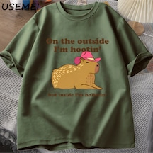 Flood Of Style Dışarıda Ben Hootin Capybara Tişörtleri Adam Batı T-shirt Kovboy Cowgirl Komik Me Yeşil