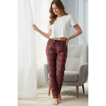 Elemge Kadın Kırmızı Pijama Altı Süet Kumaş Ekoseli Rahat Kalıp Kurdeleli Esnek Yumuşak Doku Cepsiz Kırmızı-lacivert