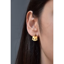 Papatya Silver 925 Ayar Gümüş Altın Kaplama Kedi Model Çivili Kadın Top Küpe