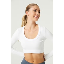Los Ojos X Melodi Beyaz Pamuklu Fitilli Uzun Kollu Crop Spor Bluz Long Sleeve Beyaz