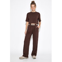 Shade Kadın Çizgi Detaylı Crop Bluzlu Yüksek Bel Modal Takım 4136 60286285 - Acı Kahve Çok Renkli