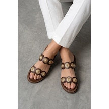 Giamgia Store Giamgia Kadın Kahverengi Çift Bantlı Altın Detaylı Günlük Terlik-2406