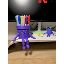 3d Baskı Hareketli Gülen Kalemlik - Eklemli Masaüstü Organizer - Mor Çok Renkli