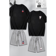 Unisex Kadın Erkek Hello Kitty Spiderman Baskılı Sevgili Çift Kombini Tasarım Oversize Tshirt V Şort Siyah Gri Mck0296 Siyah Gri