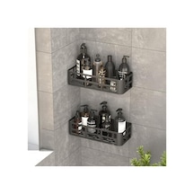 Siyah Yapışkanlı Banyo Duş Rafı - 2'li Set İle Matkapsız Montaj Aahşap