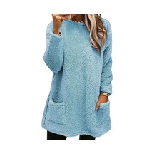Çift Cepli Bayan Kışlık Sweatshirt Saf Renk Peluş Yuvarlak Yaka Bol Açık Mavi
