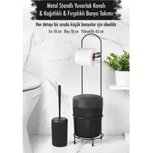 Metal Standlı Yuvarlak Kovalı & Kağıtlıklı & Fırçalıklı Siyah Banyo Takımı Renkli