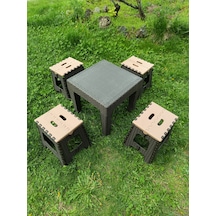 Evko Mobilya Kamp Seti, Piknik Seti, Masa Tabure Seti, Portatif Set, Plastik Katlanabilir Set, 4 + 1 Set Kahverengi