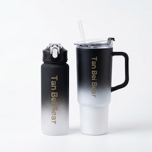 2 Li Matara Ve Pipetli Mug Bardak Seti 900 Ml Spor Suluk + 1500 Ml Pipetli Termal Mug Bardak, Günlük Kullanım İçin İçecek Seti Siyah Çok Renkli