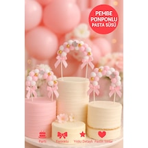Pembe Ponponlu Pasta Süsü Yumuşak Keçe Fiyonklu 3d Dekor Seti Doğum Günü Süsleri