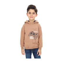Toontoy Kids Toontoy Erkek Çocuk Relax Fit Kapüşonlu Cepli Düşük Omuz Baskılı Sweatshirt - 2 İplik Kahverengi