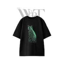 Thewert Matrix Cat Tasarım Baskılı Ünisex Siyah Oversize T-shirt