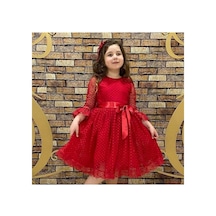 Mini Puantiye Fırfır Dantelli Kırmızı Kız Çocuk Elbise 001