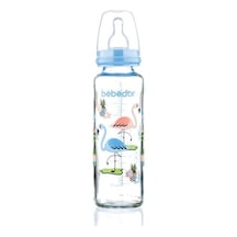 Bebedor Desenli Silikon Emzikli Orta Akış  Cam Biberon Mavi 250 ML 31302