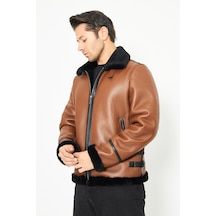 M M Marki Marki Hakiki Nubuk Deri Pilot Mont - İçi Kürklü, Bomber Yaka - Taba 75 Cm - 500622