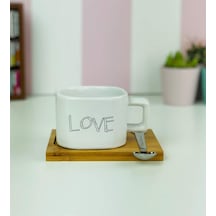 Love Tasarımlı Ahşap Standlı Kupa Beyaz - Çok Renkli