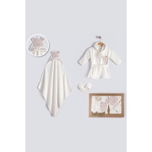 Ayıcık Desenli 3 Parça Kutulu Bornoz Seti Krem