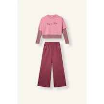 Defacto Baskılı Katmanlı Görünümlü Sweatshirt Üst Geniş Paça Alt 2li Takım Kız Çocuk I7951a826aupn181 Pembe-pn181