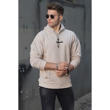 Madmext Bej Baskılı Kapüşonlu Sweatshirt 4722 Bej