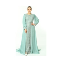 Ladies First Büyük Beden 3704 Küf Yeşili Uzun Abiye Elbise