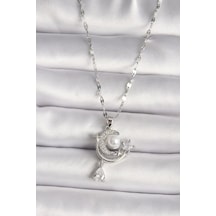 316l Çelik Gümüş Renk Zirkon Taşlı Ay Yıldız Sallantı Detay Kadın Kolye Çok Renkli