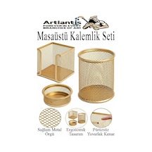 Altın Sarısı Masaüstü Fileli Kalemlik Seti 3 Parça 1 Paket 3 Lü Masa Üstü Düzenleyici Kalemlik Küp Notluk Ataşlık Altın