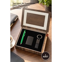 1 Adet Ahşap Kutulu Kalem Anahtarlık Çakmak Seti Yeşil Kalem, Mat Siyah Çakmak, Kişiye Özel Promosyon, Keychain Pen Lighter