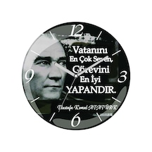 Atatürk Vatanını Seven Sözü Çap 30cm Sessiz Akar Bombeli Gerçek Cam Duvar Saati Siyah