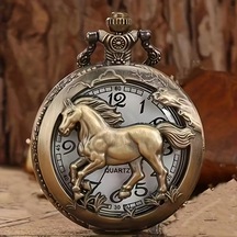 Kişiye Özel At Figürlü Antik Bronz Cep Saati Nostaljik Quartz Zincirli Saat