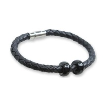 Siyah Halka Deri Çelik Bileklik Siyah